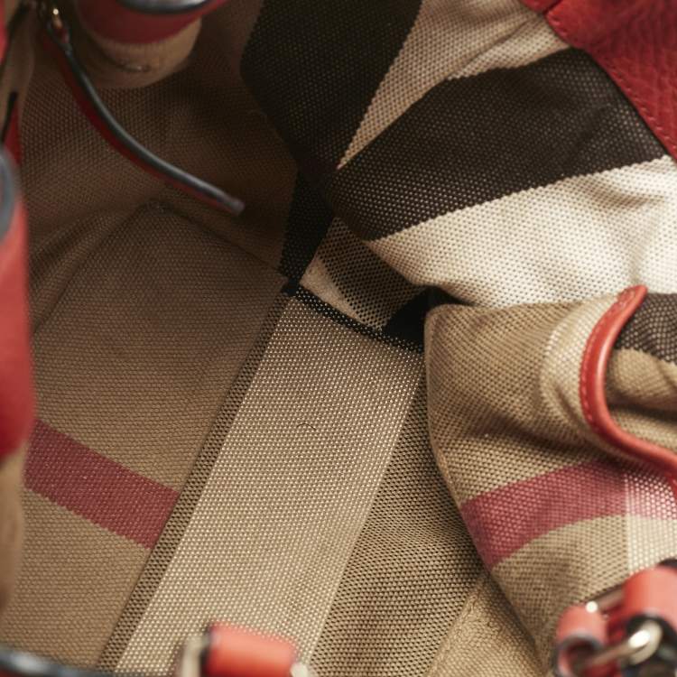 Pre Owned Burberry Red Leather and House Check Canvas Small Brit Maidstone Peek Bag