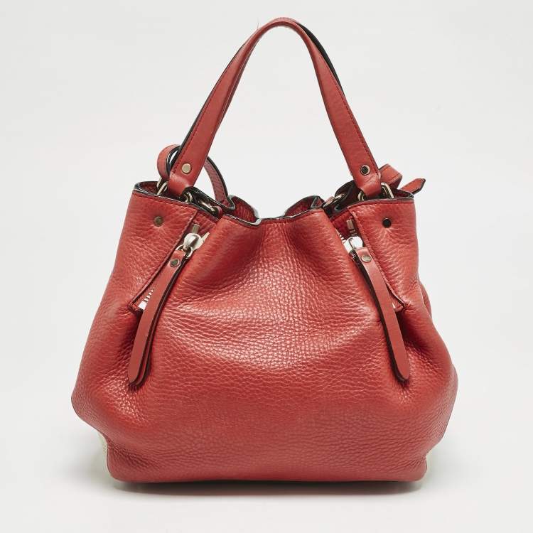 Pre Owned Burberry Red Leather and House Check Canvas Small Brit Maidstone Peek Bag