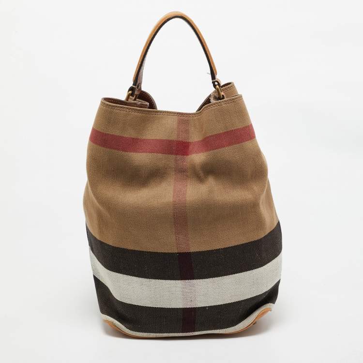Pre Owned Burberry Brown/Beige House Check Canvas Leather Susanna Bucket Bag