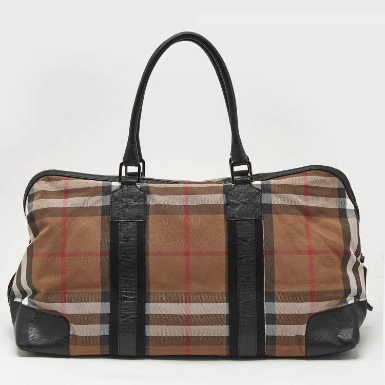 Pre Owned Burberry Brown/Black House Check Canvas and Leather Duffel Bag