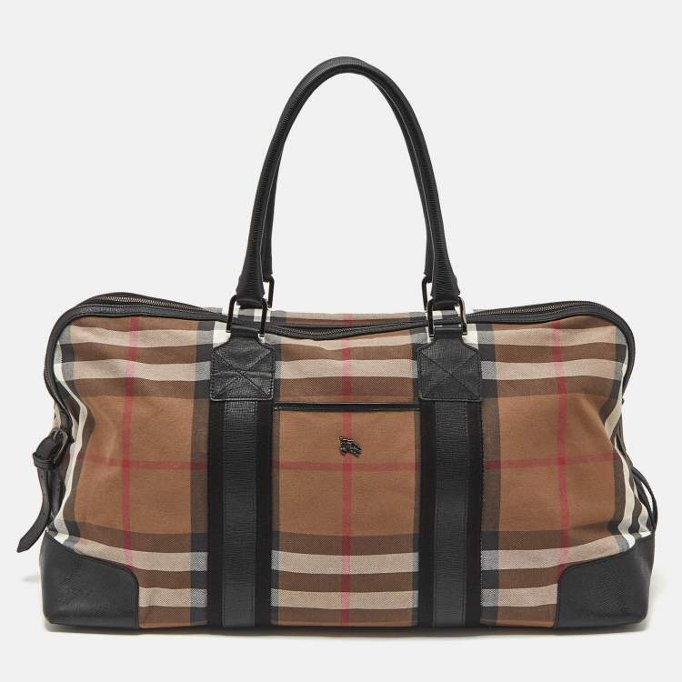 Pre Owned Burberry Brown/Black House Check Canvas and Leather Duffel Bag