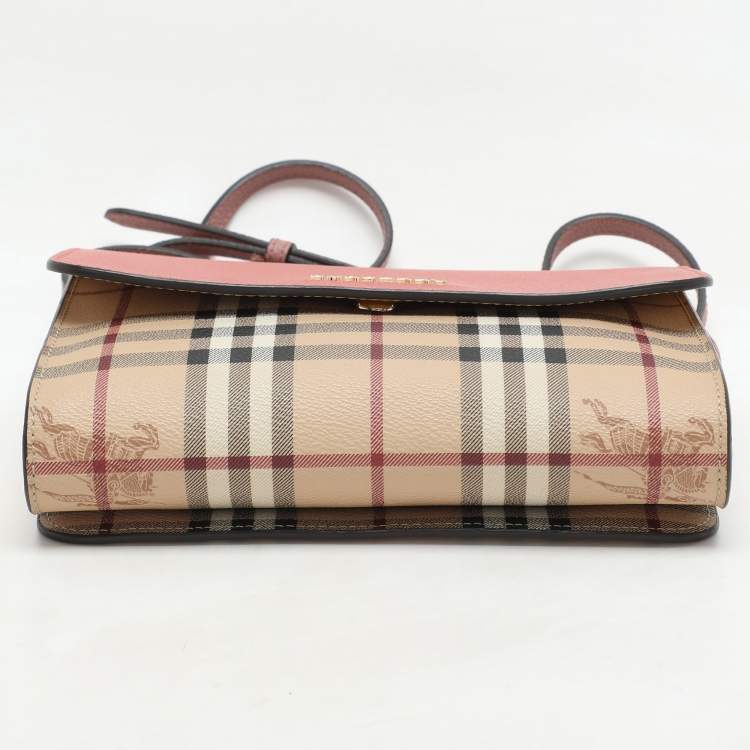 Pre Owned Burberry Pink/Beige Haymarket PVC and Leather Loxley Crossbody Bag