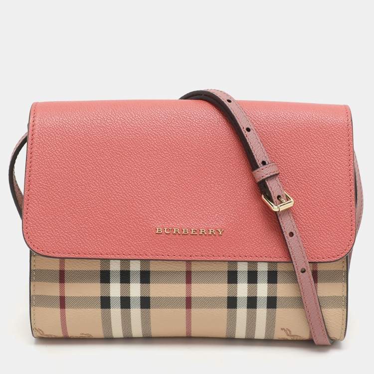 Pre Owned Burberry Pink/Beige Haymarket PVC and Leather Loxley Crossbody Bag