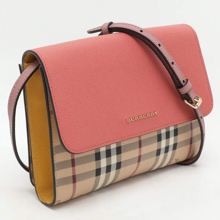 Pre Owned Burberry Pink/Beige Haymarket PVC and Leather Loxley Crossbody Bag