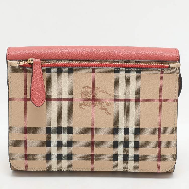 Pre Owned Burberry Pink/Beige Haymarket PVC and Leather Loxley Crossbody Bag