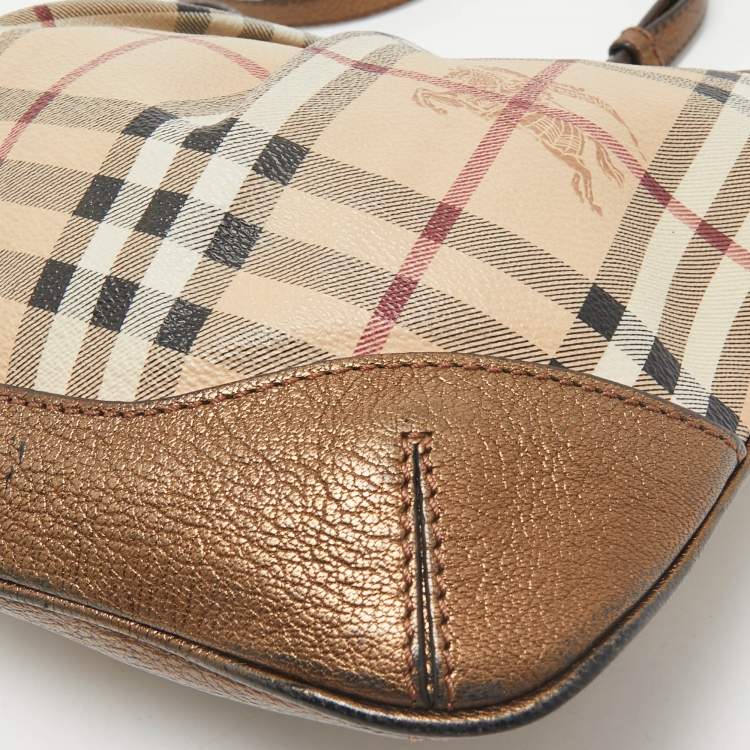 Pre Owned Burberry Bronze/Beige Haymarket Check PVC and Leather Hartham Crossbody Bag