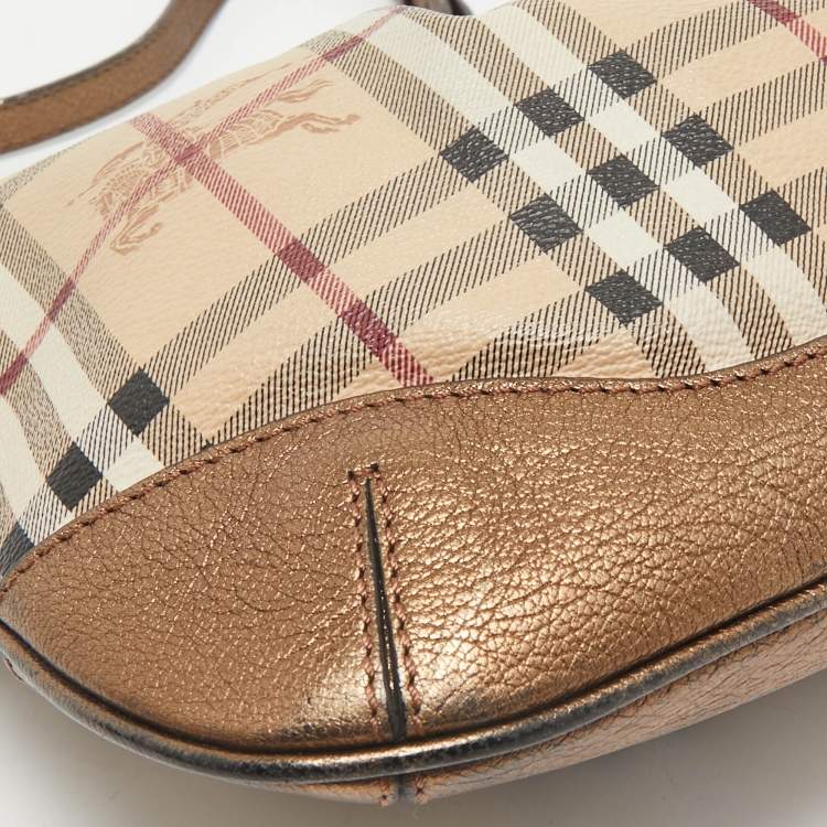 Pre Owned Burberry Bronze/Beige Haymarket Check PVC and Leather Hartham Crossbody Bag