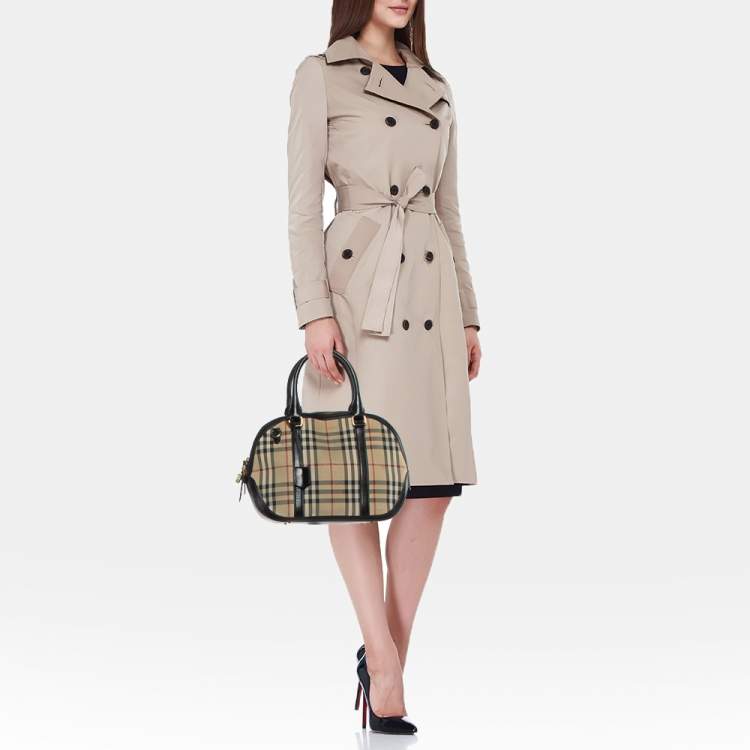 Pre Owned Burberry Beige/Black Haymarket Check Canvas and Leather Orchard Bowler Bag