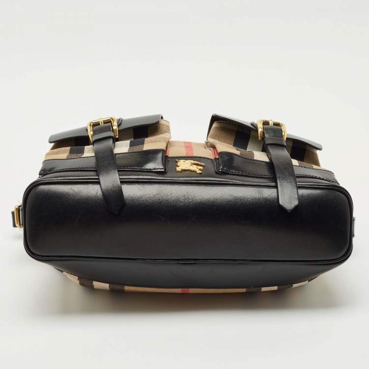 Pre Owned Burberry Brown/Beige House Check Canvas and Leather Double Pocket Shoulder Bag