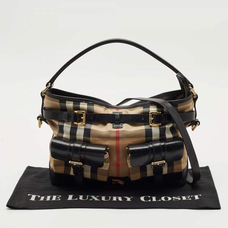 Pre Owned Burberry Brown/Beige House Check Canvas and Leather Double Pocket Shoulder Bag