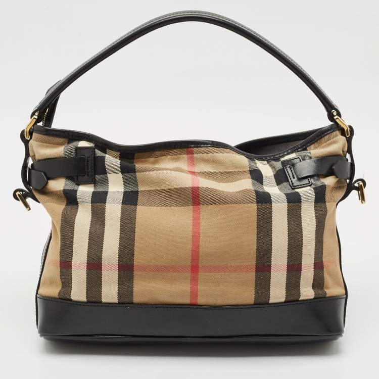 Pre Owned Burberry Brown/Beige House Check Canvas and Leather Double Pocket Shoulder Bag