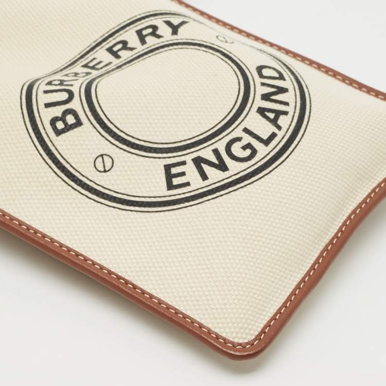 Pre Owned Burberry Brown/Off White Canvas and Leather Mini Logo Flat Crossbody Bag
