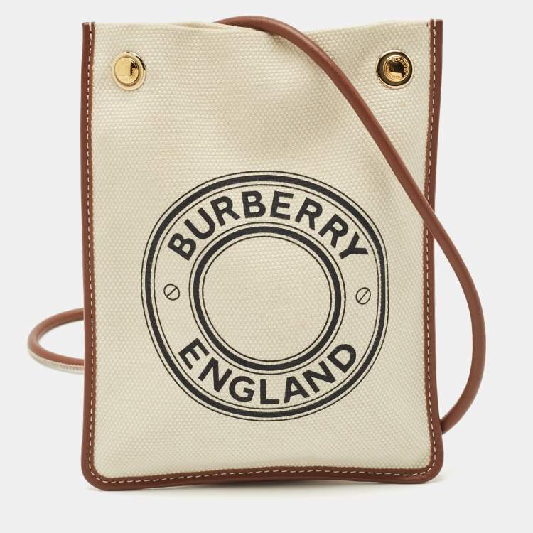 Pre Owned Burberry Brown/Off White Canvas and Leather Mini Logo Flat Crossbody Bag
