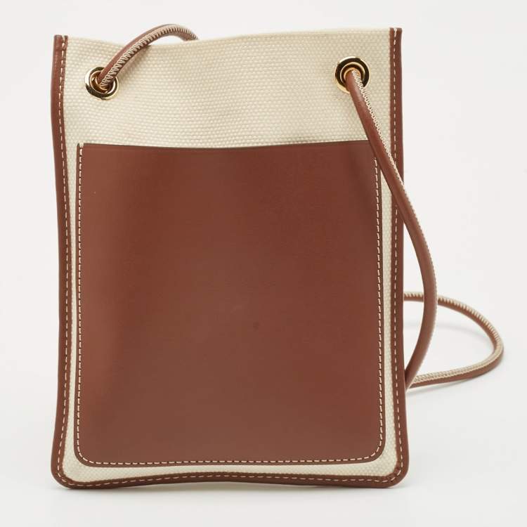 Pre Owned Burberry Brown/Off White Canvas and Leather Mini Logo Flat Crossbody Bag