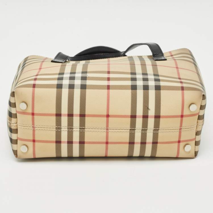 Pre Owned Burberry Beige/Black House Check Coated Canvas and Leather Tote