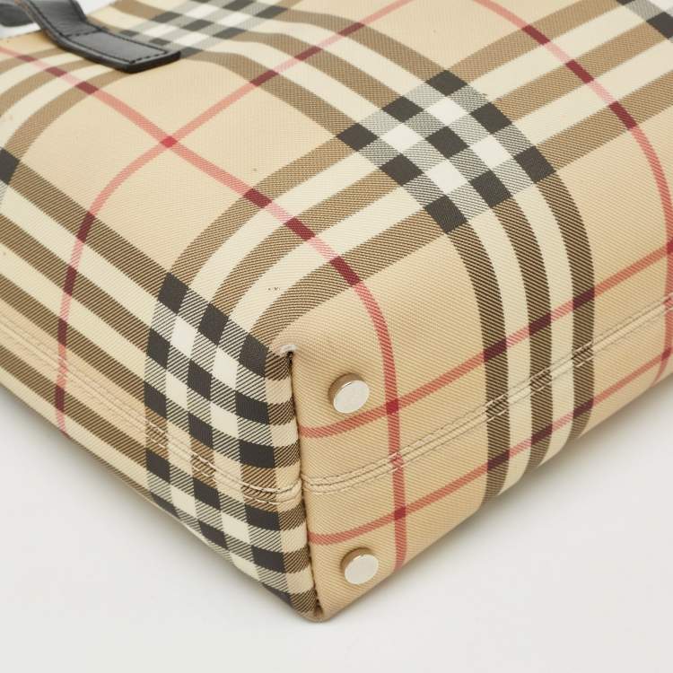 Pre Owned Burberry Beige/Black House Check Coated Canvas and Leather Tote
