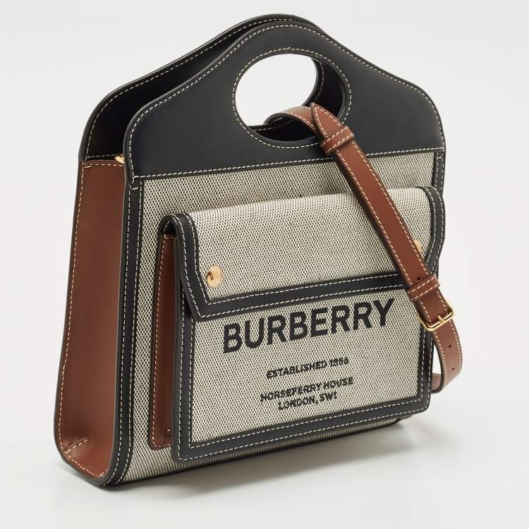Pre Owned Burberry Black/Grey Leather and Canvas Mini Pocket Tote