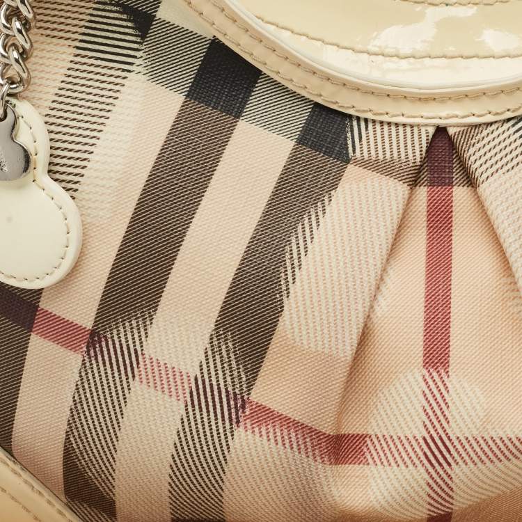 Pre Owned Burberry Cream/Beige House Check Heart PVC and Patent Leather Brooklyn Hobo