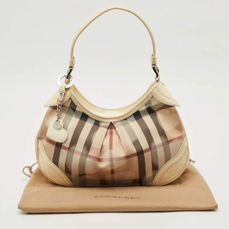 Pre Owned Burberry Cream/Beige House Check Heart PVC and Patent Leather Brooklyn Hobo