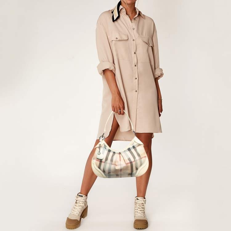 Pre Owned Burberry Cream/Beige House Check Heart PVC and Patent Leather Brooklyn Hobo