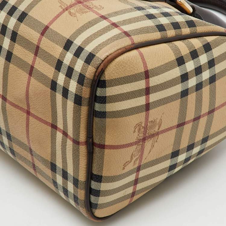 Pre Owned Burberry Beige/Brown Haymarket Check Coated Canvas Medium Bowling Bag