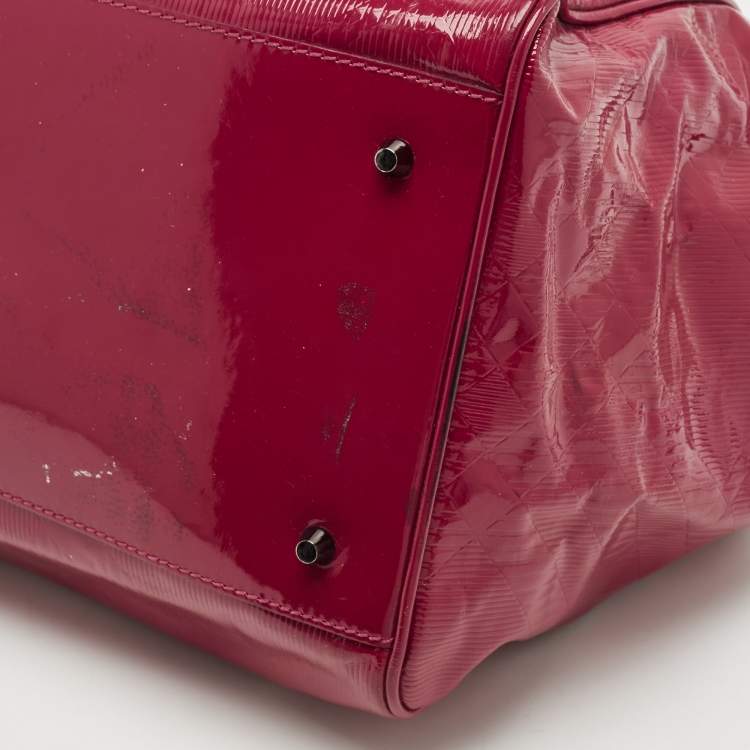 Pre Owned Burberry Red Check Embossed Patent Leather Large Bilmore Tote