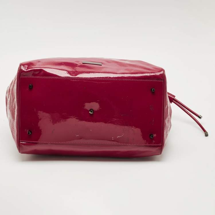 Pre Owned Burberry Red Check Embossed Patent Leather Large Bilmore Tote