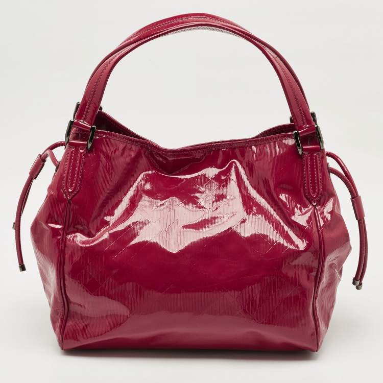Pre Owned Burberry Red Check Embossed Patent Leather Large Bilmore Tote