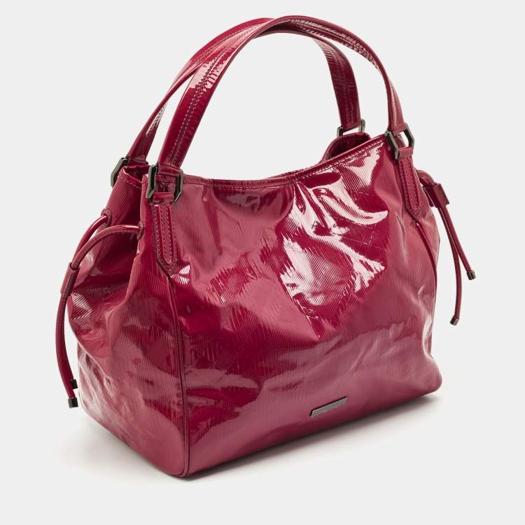 Pre Owned Burberry Red Check Embossed Patent Leather Large Bilmore Tote