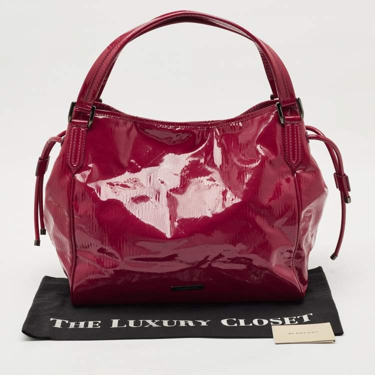 Pre Owned Burberry Red Check Embossed Patent Leather Large Bilmore Tote