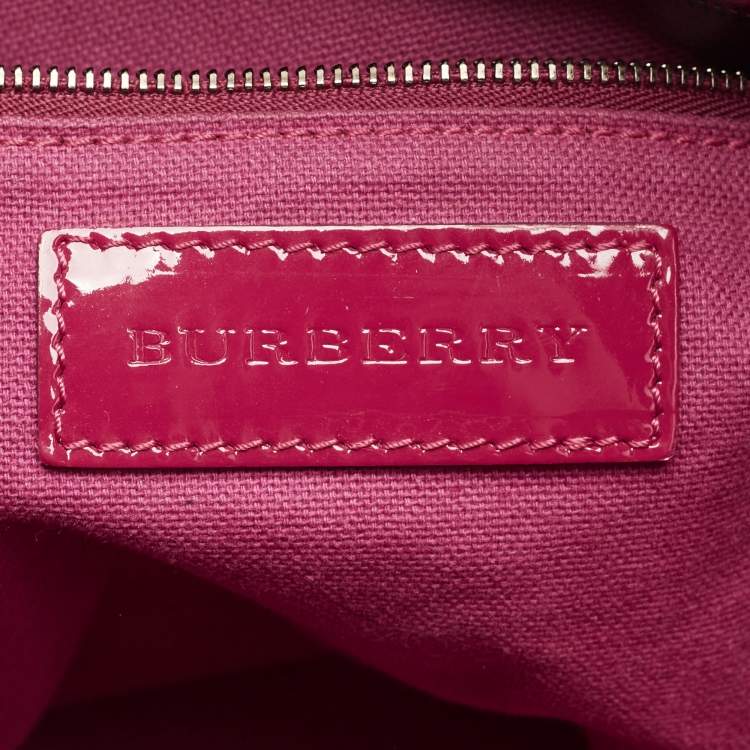 Pre Owned Burberry Red Check Embossed Patent Leather Large Bilmore Tote