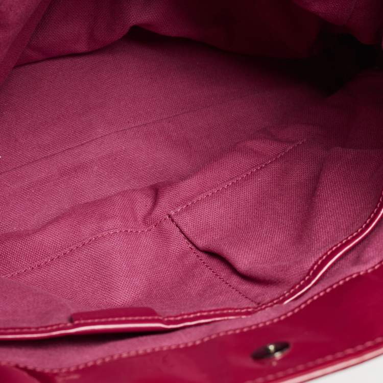 Pre Owned Burberry Red Check Embossed Patent Leather Large Bilmore Tote