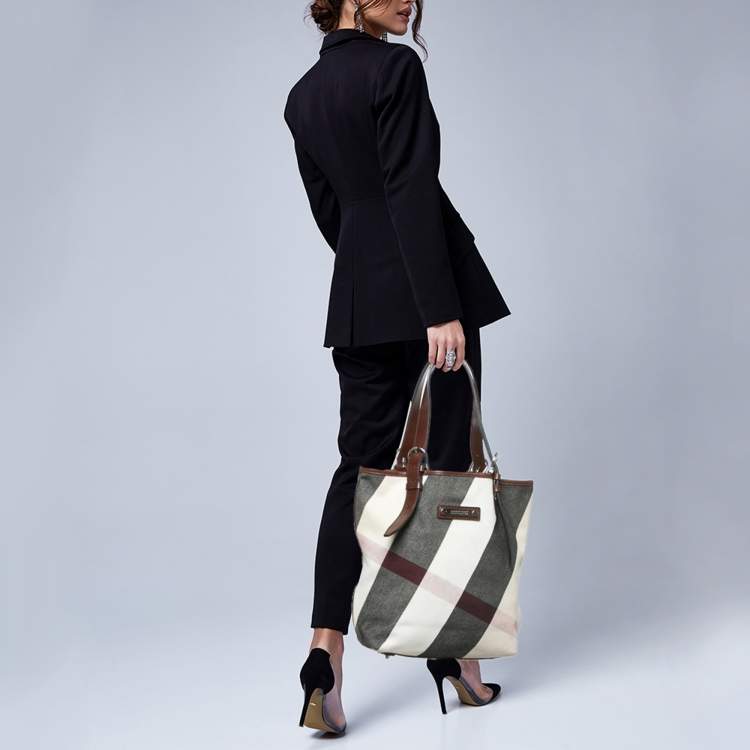 Pre Owned Burberry Brown Mega Check Canvas and Leather Tote