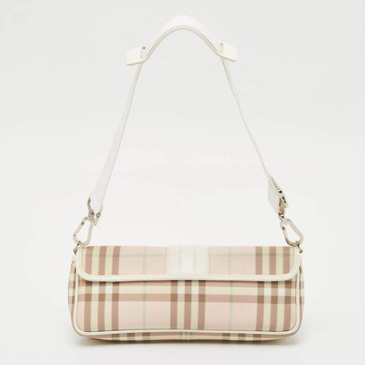 Pre Owned Burberry Pink/White House Check PVC and Leather Buckle Flap Shoulder Bag