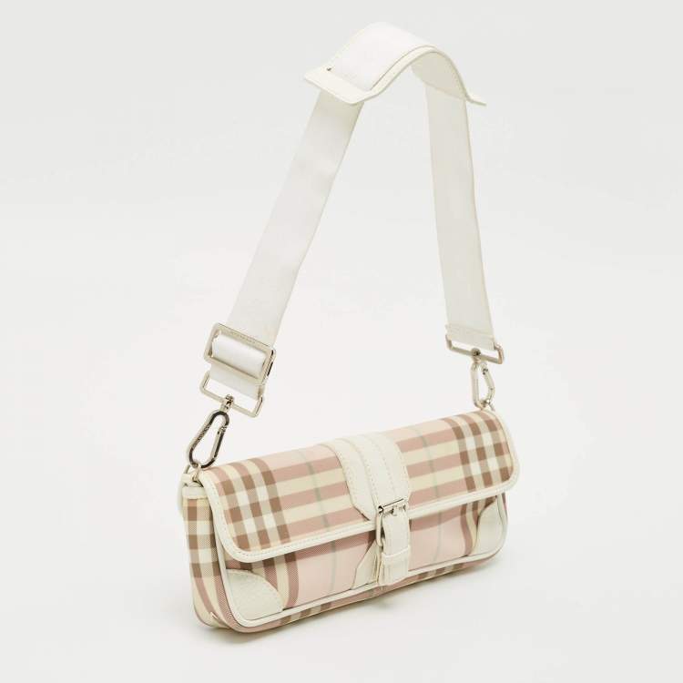 Pre Owned Burberry Pink/White House Check PVC and Leather Buckle Flap Shoulder Bag