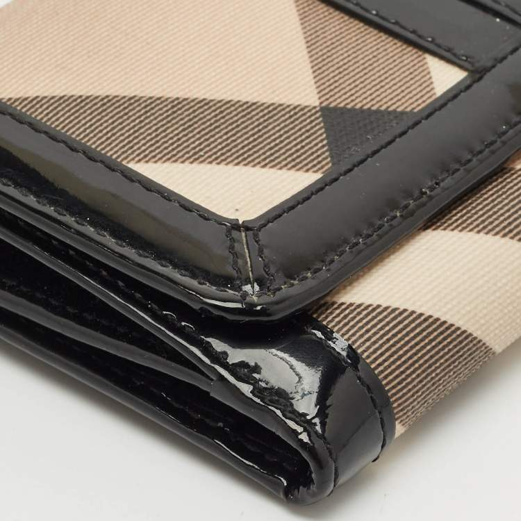 Pre Owned Burberry Beige/Black Supernova Check Coated Canvas and Patent Leather Continental Wallet 
