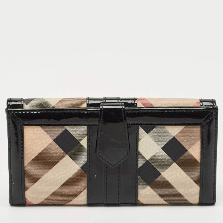 Pre Owned Burberry Beige/Black Supernova Check Coated Canvas and Patent Leather Continental Wallet 