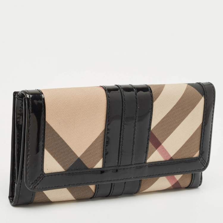 Pre Owned Burberry Beige/Black Supernova Check Coated Canvas and Patent Leather Continental Wallet 