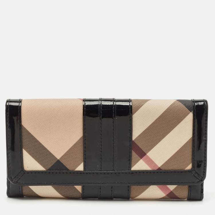 Pre Owned Burberry Beige/Black Supernova Check Coated Canvas and Patent Leather Continental Wallet 