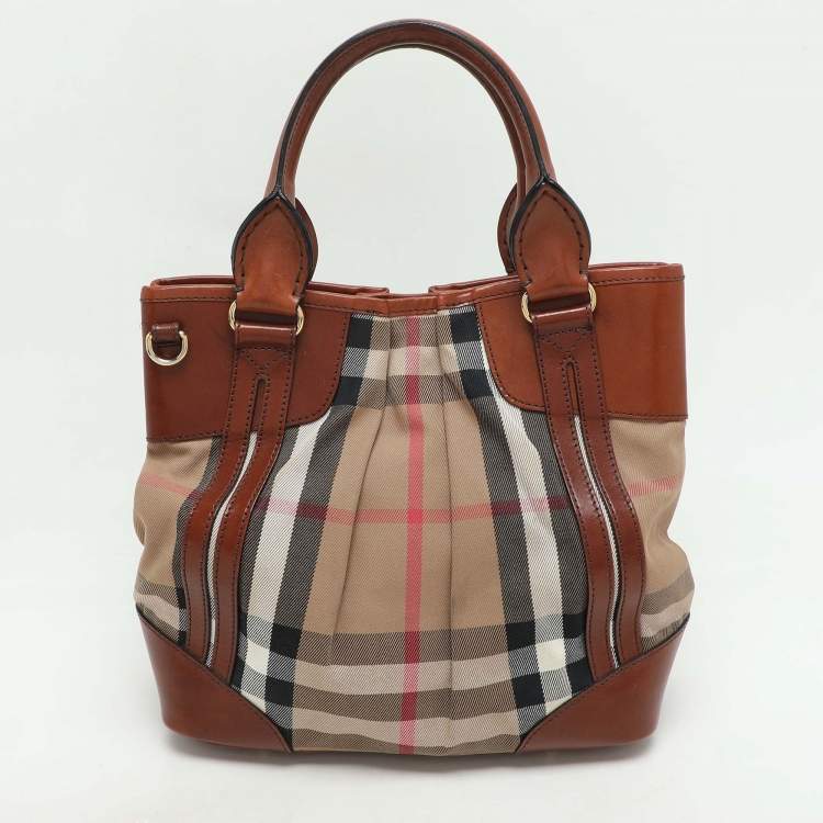 Pre Owned Burberry Brown House Check Canvas and Leather Bridle Whipstitch Tote