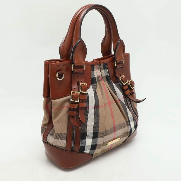 Pre Owned Burberry Brown House Check Canvas and Leather Bridle Whipstitch Tote