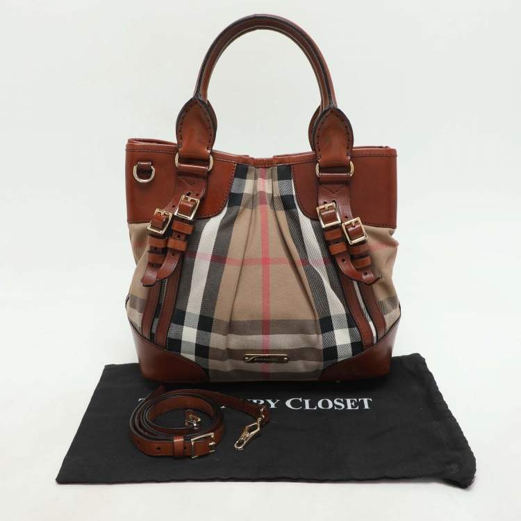 Pre Owned Burberry Brown House Check Canvas and Leather Bridle Whipstitch Tote