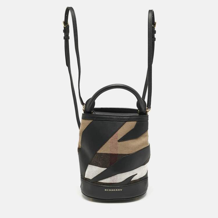 Pre Owned Burberry Black/ Beige Check Canvas and Leather The Bucket Backpack