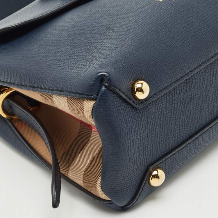 Pre Owned Burberry Navy Blue/Beige Leather and House Check Fabric Small Camberley Top Handle Bag
