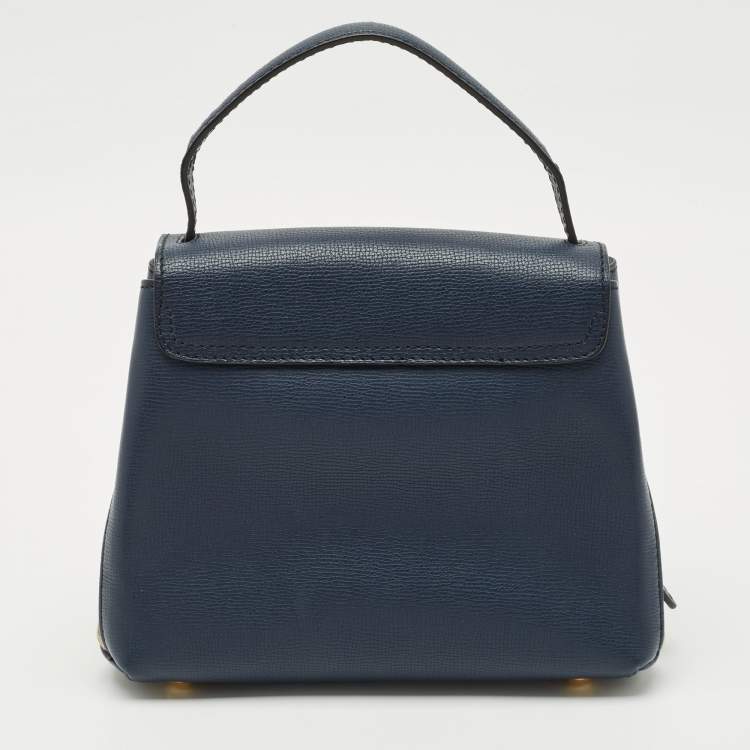 Pre Owned Burberry Navy Blue/Beige Leather and House Check Fabric Small Camberley Top Handle Bag