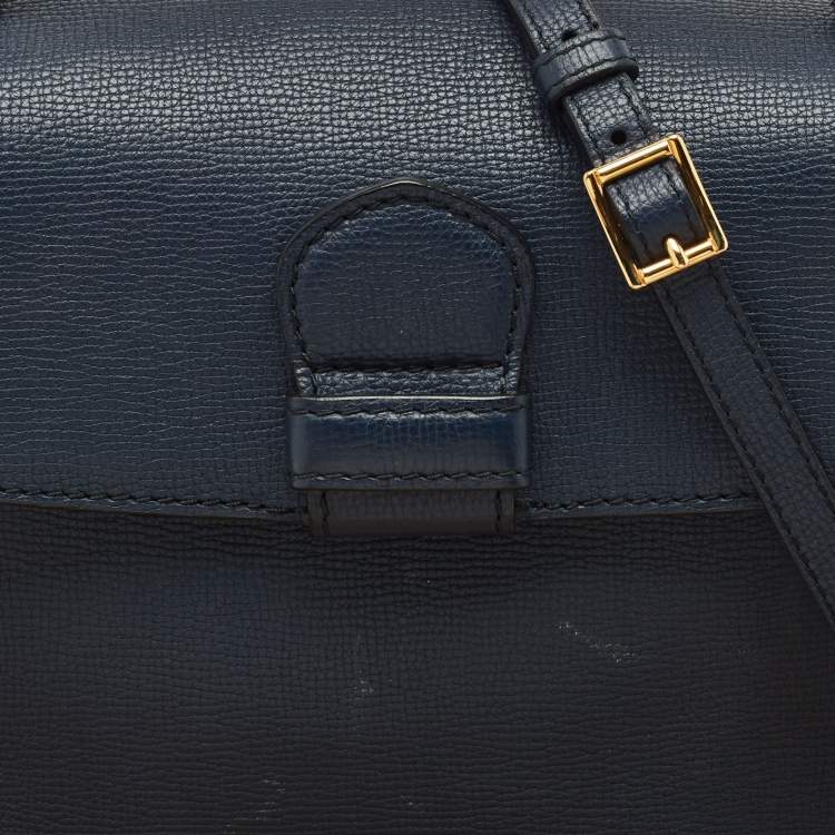 Pre Owned Burberry Navy Blue/Beige Leather and House Check Fabric Small Camberley Top Handle Bag