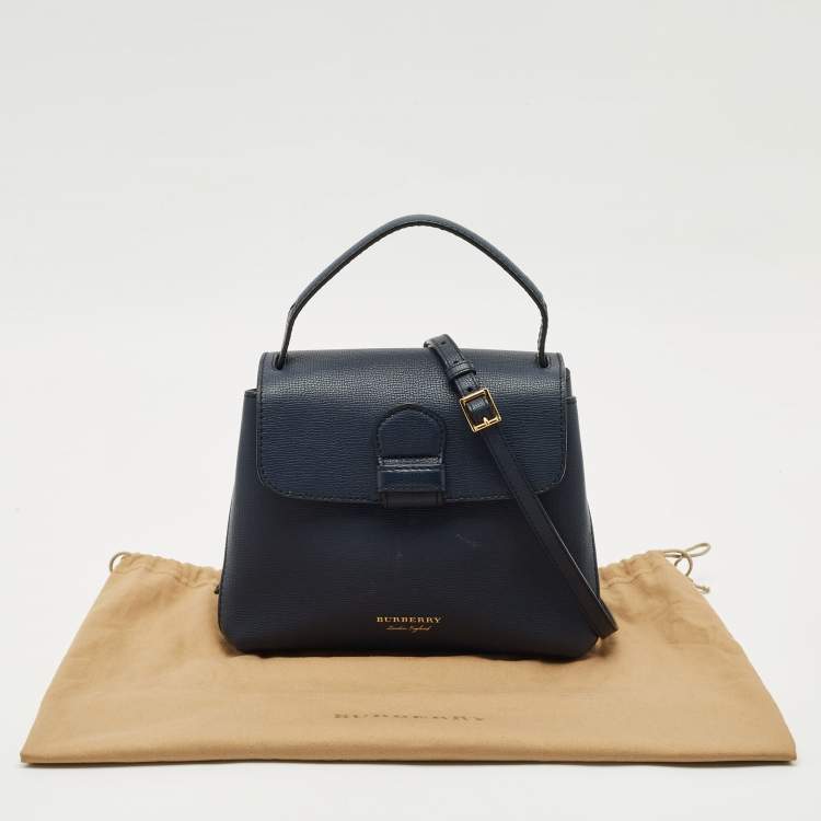Pre Owned Burberry Navy Blue/Beige Leather and House Check Fabric Small Camberley Top Handle Bag