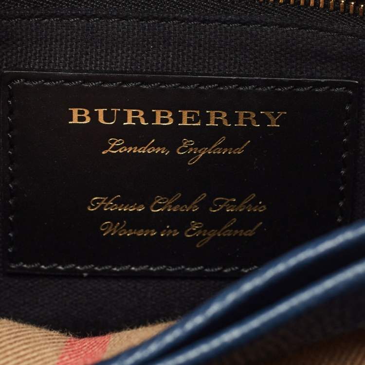 Pre Owned Burberry Navy Blue/Beige Leather and House Check Fabric Small Camberley Top Handle Bag
