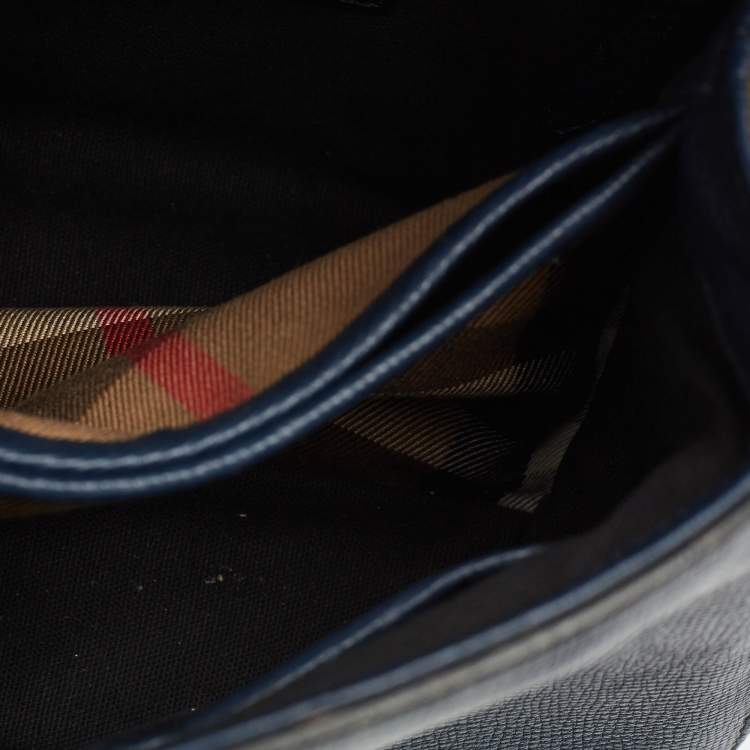 Pre Owned Burberry Navy Blue/Beige Leather and House Check Fabric Small Camberley Top Handle Bag