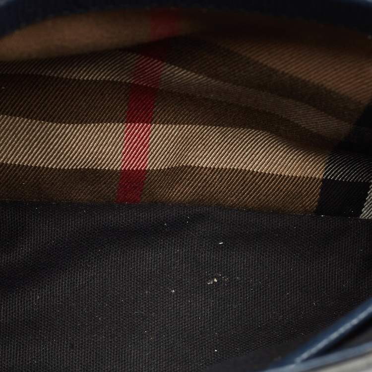 Pre Owned Burberry Navy Blue/Beige Leather and House Check Fabric Small Camberley Top Handle Bag